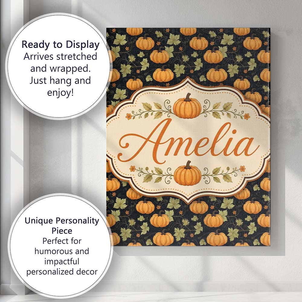 Personalised Name Autumn Pumpkins and Custom Modern Room Accent Creative Decorator Style Canvas Wall Art Print Decor Picture Ready to Hang