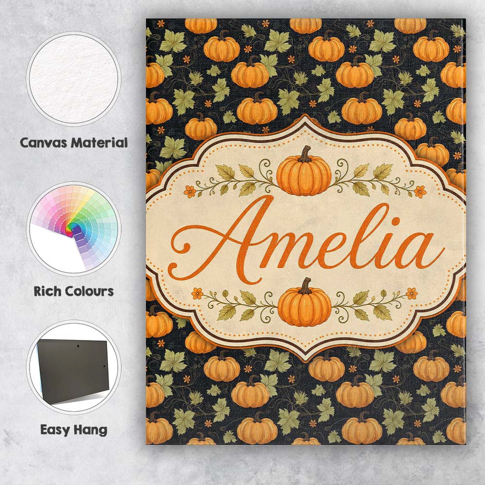 Personalised Name Autumn Pumpkins and Custom Modern Room Accent Creative Decorator Style Canvas Wall Art Print Decor Picture Ready to Hang