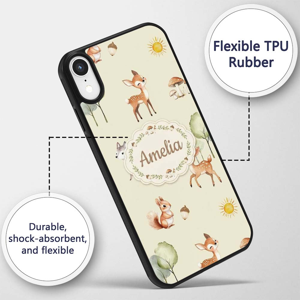Cute Woodland Deer Fox Mushroom Seamless Pattern Custom Name Protective Phone Case Mobile Cover Durable Everyday Smartphone Shock Resistant