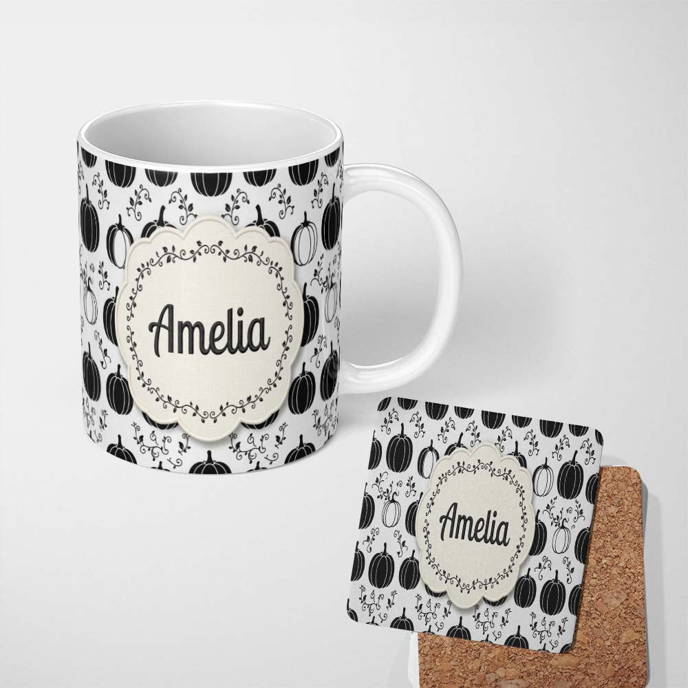 Personalized Custom Name Black and White Pumpkin Illustration Seamless Pattern Halloween 11oz Ceramic Coffee Tea Mug White Large Handle
