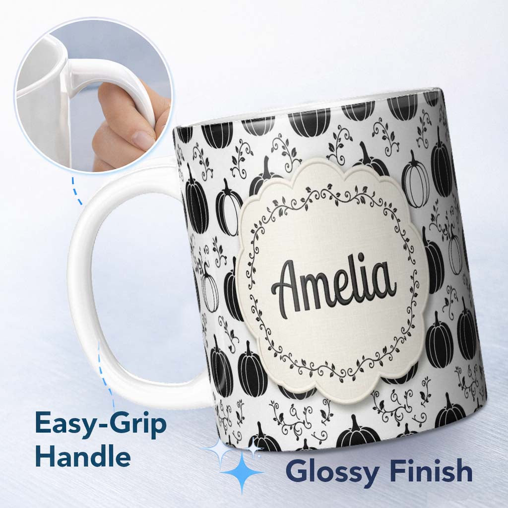 Personalized Custom Name Black and White Pumpkin Illustration Seamless Pattern Halloween 11oz Ceramic Coffee Tea Mug White Large Handle