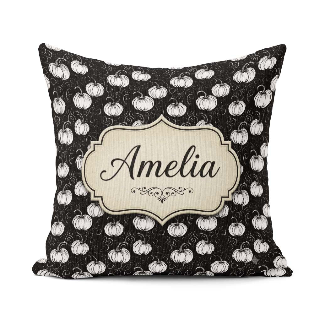 Custom Name Monochrome White Pumpkins on Black Seamless Pattern Square Filled Cushion Throw Pillow Sofa Bed Home Decor Zip Washable UK Made