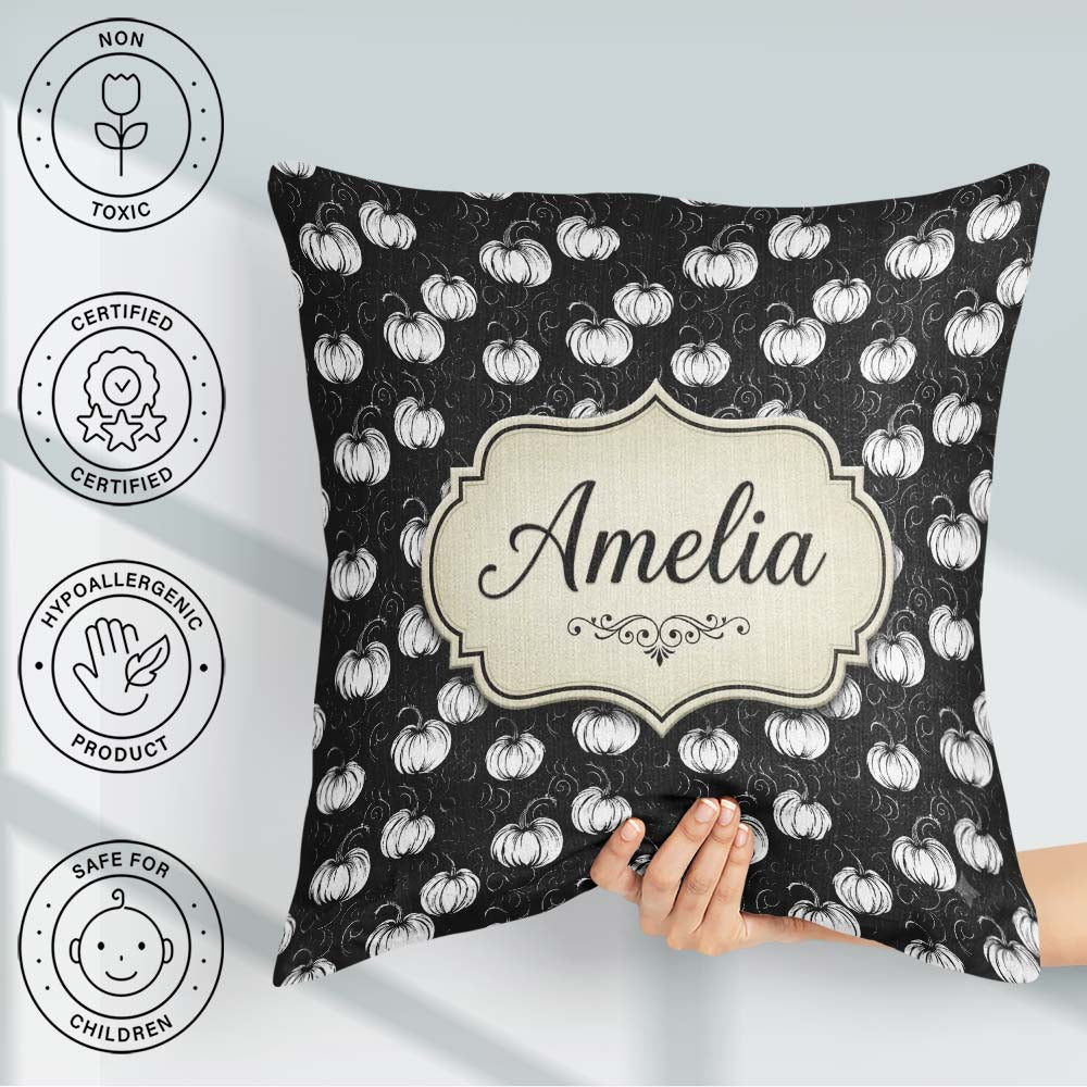 Custom Name Monochrome White Pumpkins on Black Seamless Pattern Square Filled Cushion Throw Pillow Sofa Bed Home Decor Zip Washable UK Made