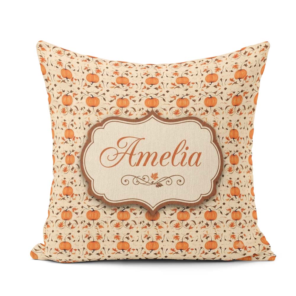 Custom Name Autumn Pumpkins and Swirling Leaves Seamless Pattern Square Filled Cushion Throw Pillow Sofa Bed Home Decor Zip Washable UK Made