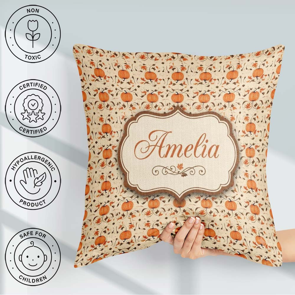 Custom Name Autumn Pumpkins and Swirling Leaves Seamless Pattern Square Filled Cushion Throw Pillow Sofa Bed Home Decor Zip Washable UK Made