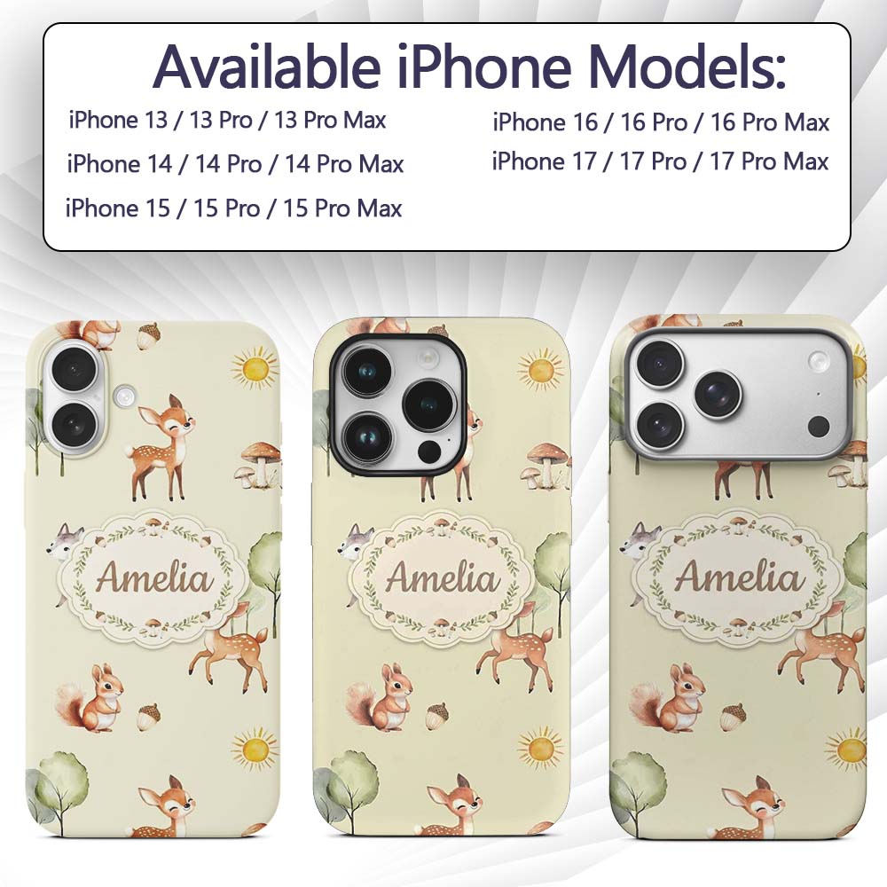 Cute Woodland Deer Fox Mushroom Seamless Pattern Custom Name Protective Phone Case Mobile Cover Durable Everyday Smartphone Shock Resistant