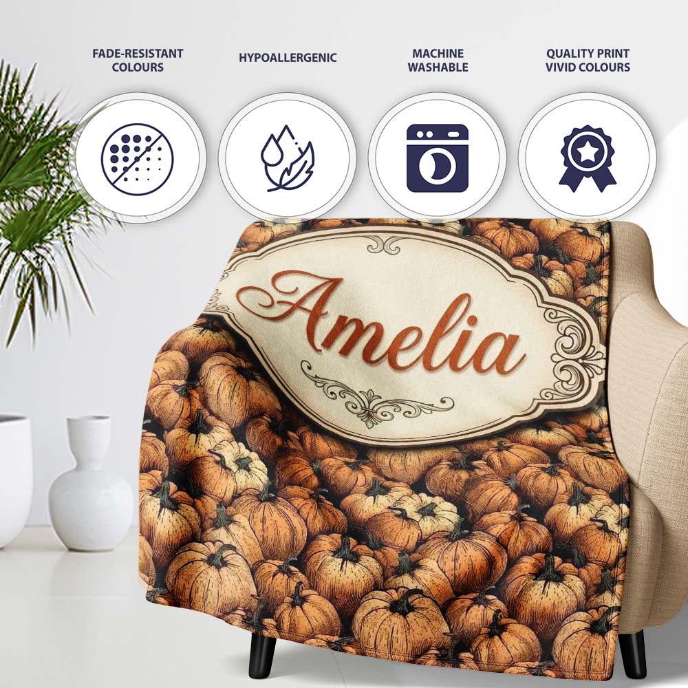 Rustic Harvest Pumpkins Cluster Seamless Pattern Dark Background Personalised Custom Name Super Soft Fleece Blanket Bed Sofa Throw