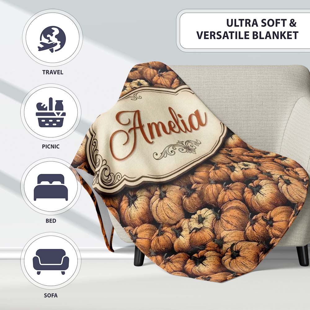 Rustic Harvest Pumpkins Cluster Seamless Pattern Dark Background Personalised Custom Name Super Soft Fleece Blanket Bed Sofa Throw