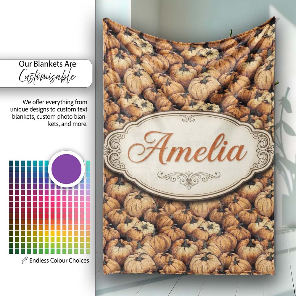Rustic Harvest Pumpkins Cluster Seamless Pattern Dark Background Personalised Custom Name Super Soft Fleece Blanket Bed Sofa Throw