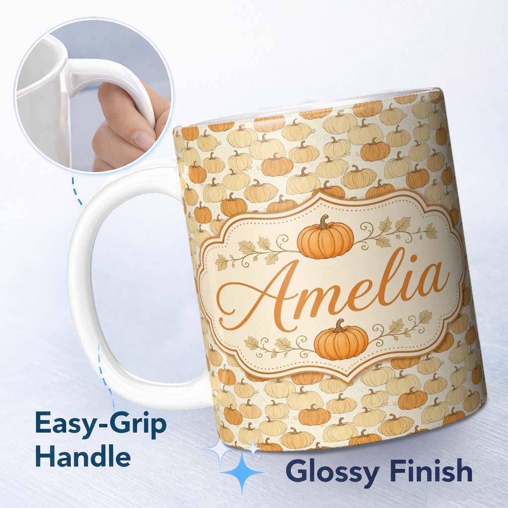 Personalized Custom Name Neutral Tone Pumpkins Mix Seamless Pattern Soft Vintage Background 11oz Ceramic Coffee Tea Mug White Large Handle