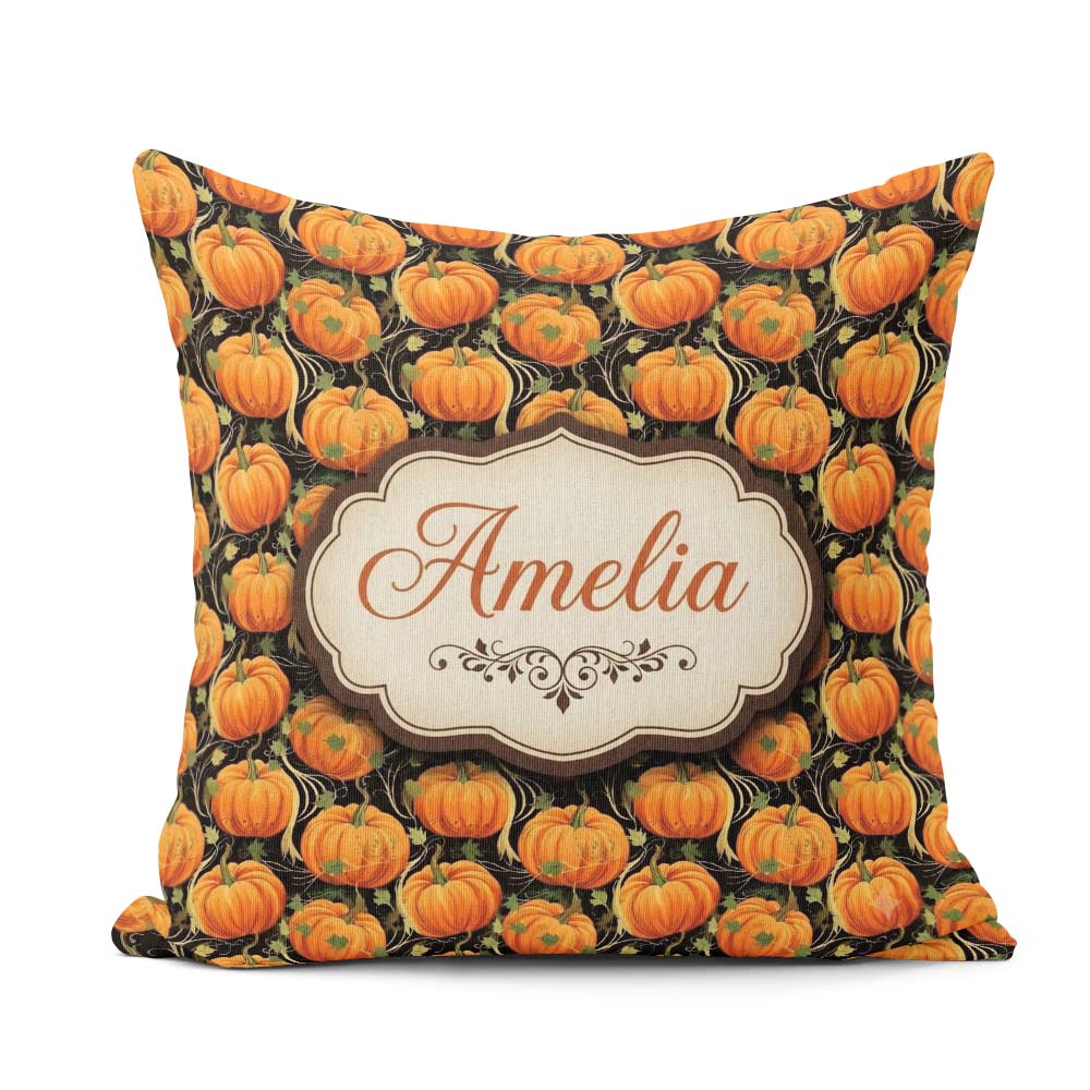 Custom Name Bright Orange Pumpkins Seamless Pattern Black Autumn Square Filled Cushion Throw Pillow Sofa Bed Home Decor Zip Washable UK Made