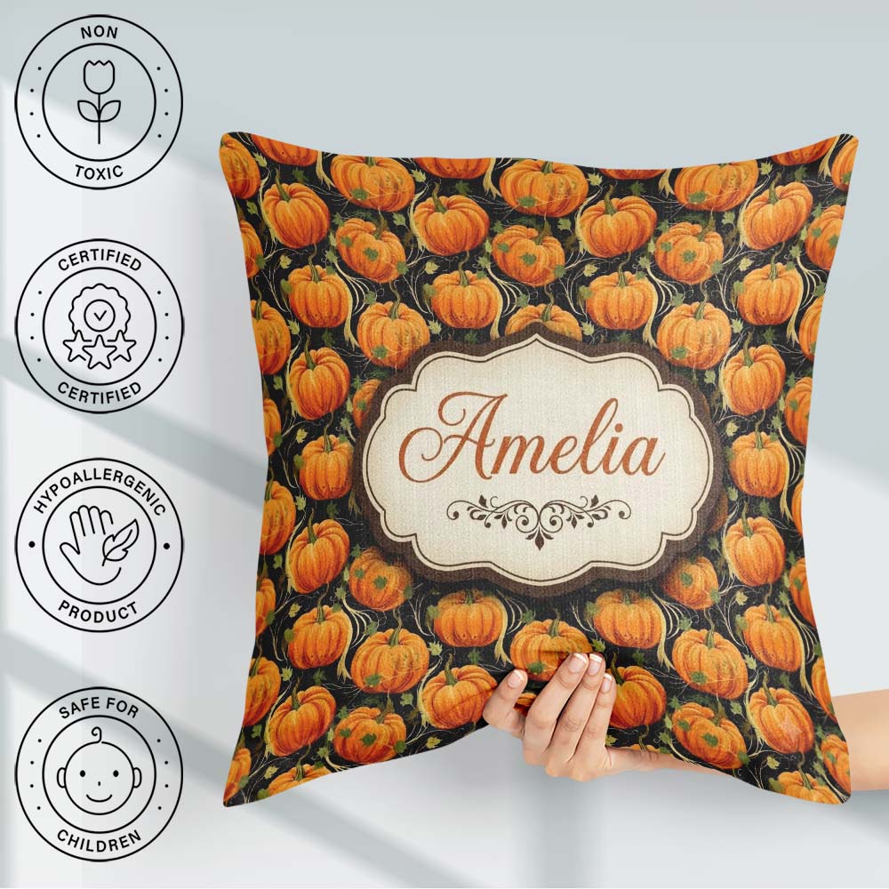 Custom Name Bright Orange Pumpkins Seamless Pattern Black Autumn Square Filled Cushion Throw Pillow Sofa Bed Home Decor Zip Washable UK Made