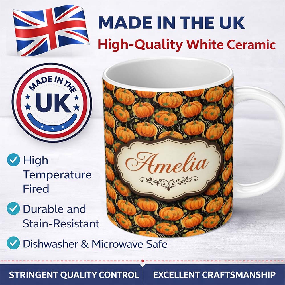 Personalized Custom Name Bright Orange Pumpkins Seamless Pattern Black Background Autumn 11oz Ceramic Coffee Tea Mug White Large Handle