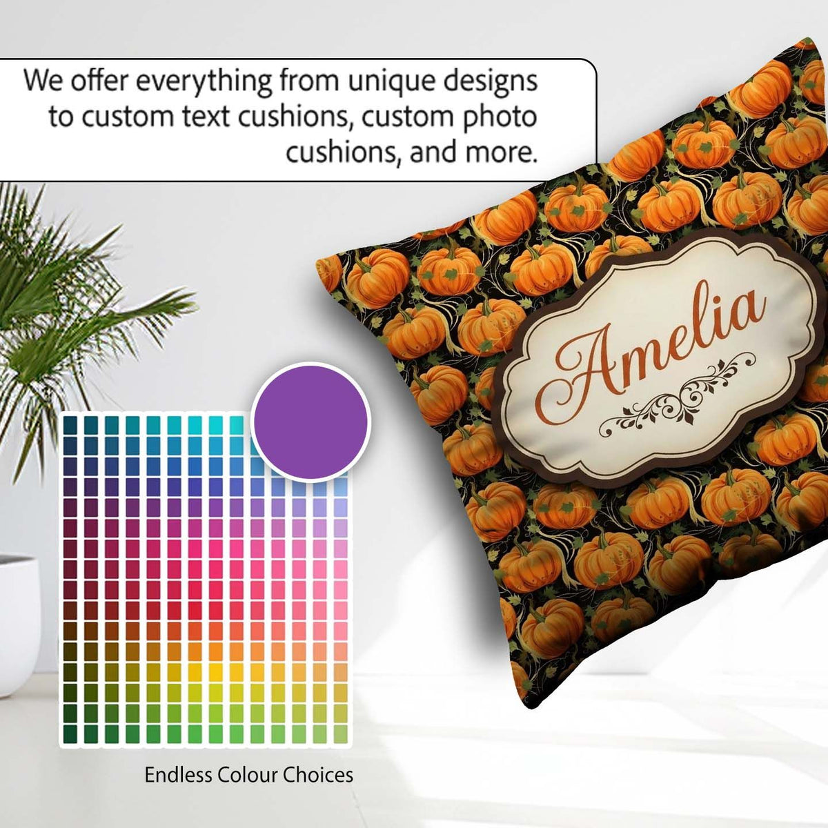 Custom Name Bright Orange Pumpkins Seamless Pattern Black Autumn Square Filled Cushion Throw Pillow Sofa Bed Home Decor Zip Washable UK Made