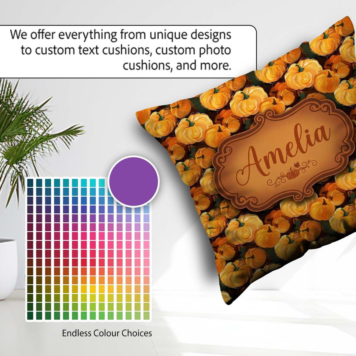 Custom Name Painterly Pumpkin Harvest Pattern Rich Autumn Colors Square Filled Cushion Throw Pillow Sofa Bed Home Decor Zip Washable UK Made