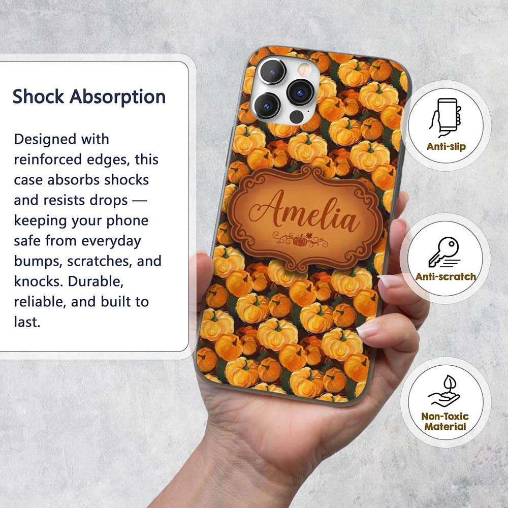 Painterly Pumpkin Harvest Seamless Pattern Rich Custom Name Protective Phone Case Mobile Cover Durable Everyday Smartphone Shock Resistant