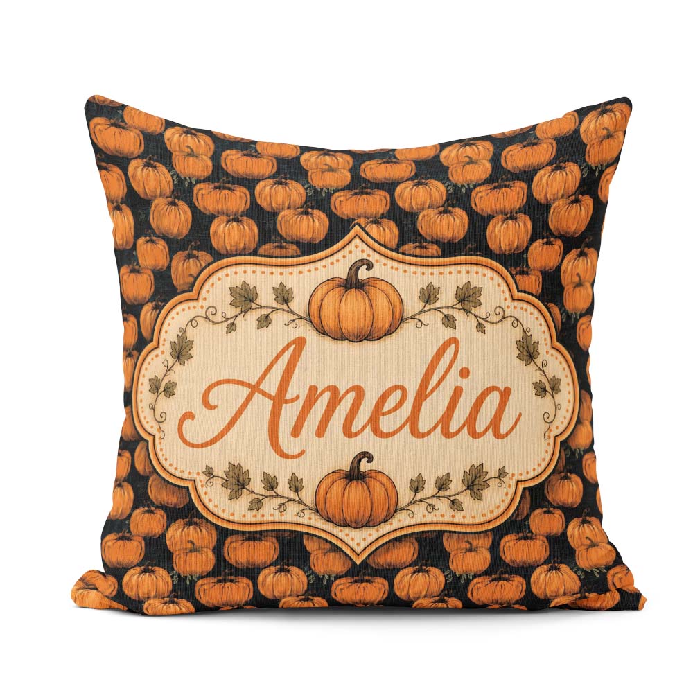 Custom Name Hand Drawn Pumpkins Dark Textured Background Pattern Square Filled Cushion Throw Pillow Sofa Bed Home Decor Zip Washable UK Made