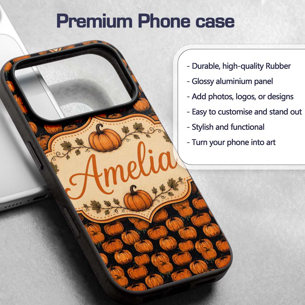 Hand Drawn Pumpkins on Dark Textured Background Custom Name Protective Phone Case Mobile Cover Durable Everyday Smartphone Shock Resistant