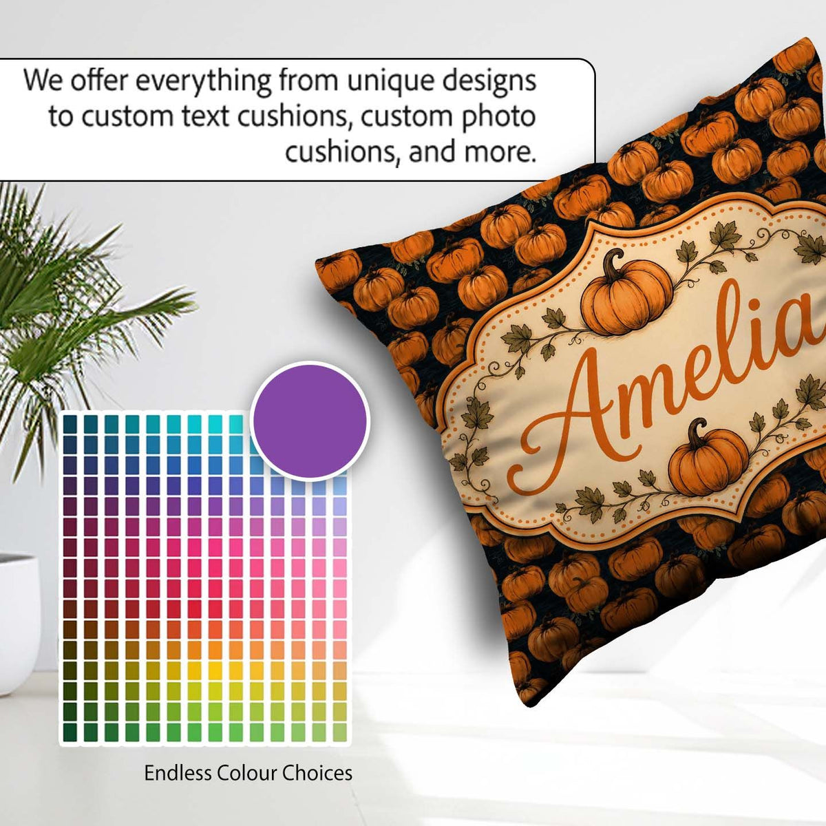 Custom Name Hand Drawn Pumpkins Dark Textured Background Pattern Square Filled Cushion Throw Pillow Sofa Bed Home Decor Zip Washable UK Made