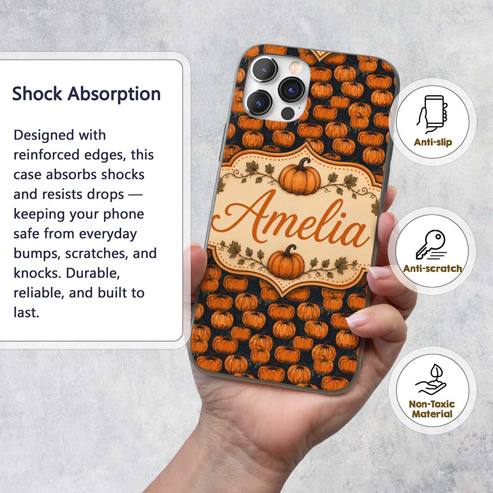 Hand Drawn Pumpkins on Dark Textured Background Custom Name Protective Phone Case Mobile Cover Durable Everyday Smartphone Shock Resistant