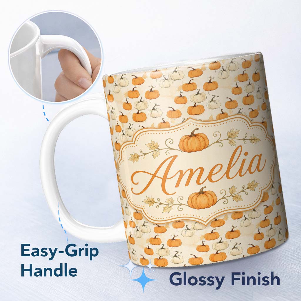 Personalized Custom Name Soft Watercolor Pumpkins in Orange and White Seamless Pattern Light 11oz Ceramic Coffee Tea Mug White Large Handle