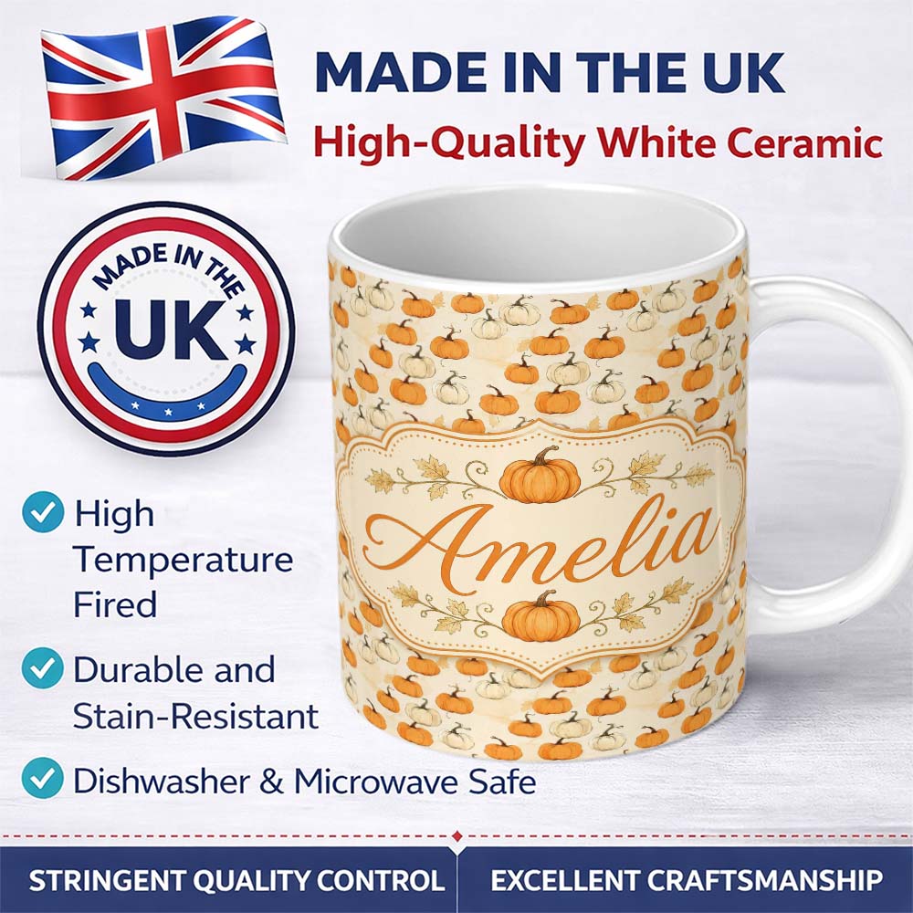 Personalized Custom Name Soft Watercolor Pumpkins in Orange and White Seamless Pattern Light 11oz Ceramic Coffee Tea Mug White Large Handle