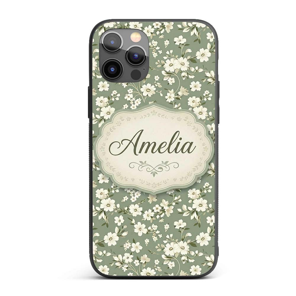 Elegant White Floral Blossoms on Printed Design Custom Name Protective Phone Case Mobile Cover Durable Everyday Smartphone Shock Resistant