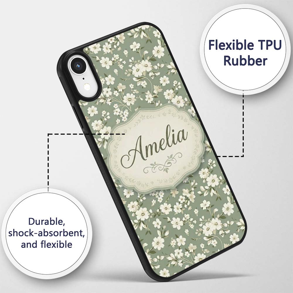 Elegant White Floral Blossoms on Printed Design Custom Name Protective Phone Case Mobile Cover Durable Everyday Smartphone Shock Resistant