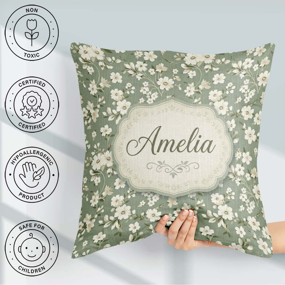 Custom Name Elegant White Floral Blossoms on Sage Green Seamless Square Filled Cushion Throw Pillow Sofa Bed Home Decor Zip Washable UK Made