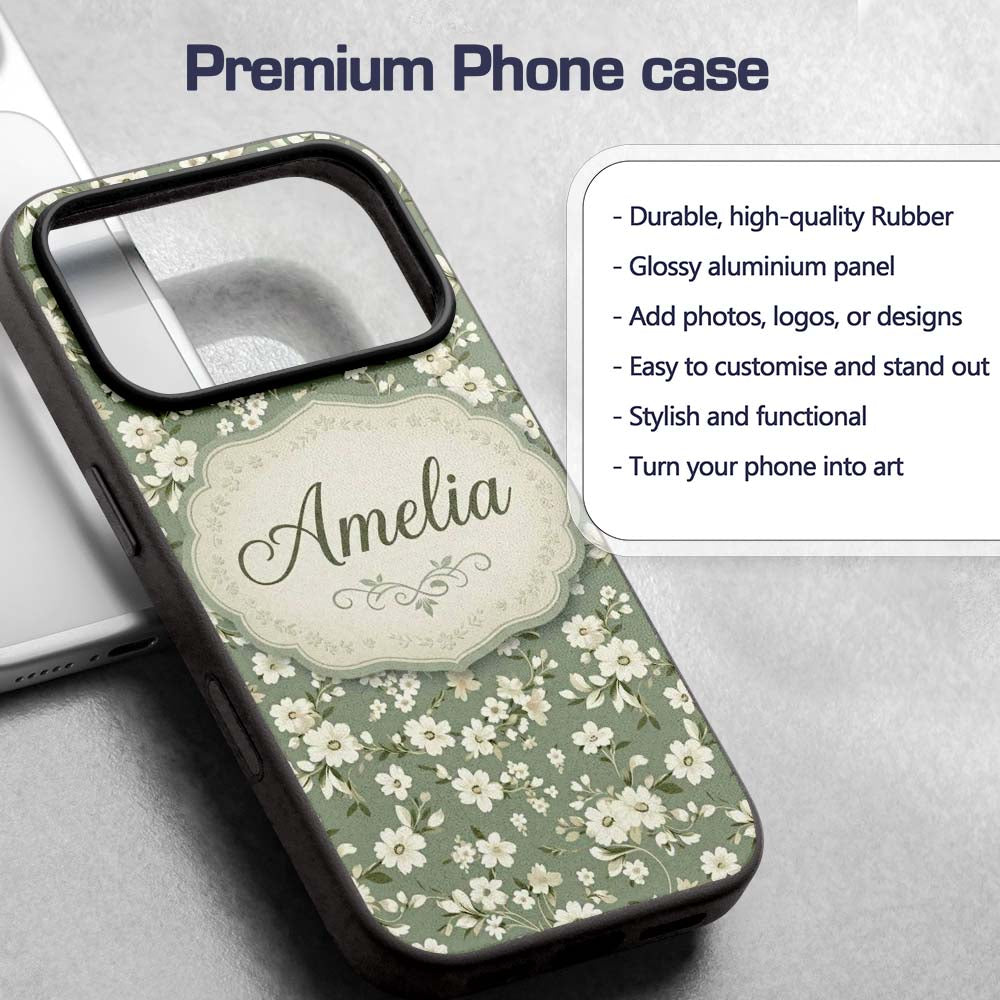 Elegant White Floral Blossoms on Printed Design Custom Name Protective Phone Case Mobile Cover Durable Everyday Smartphone Shock Resistant