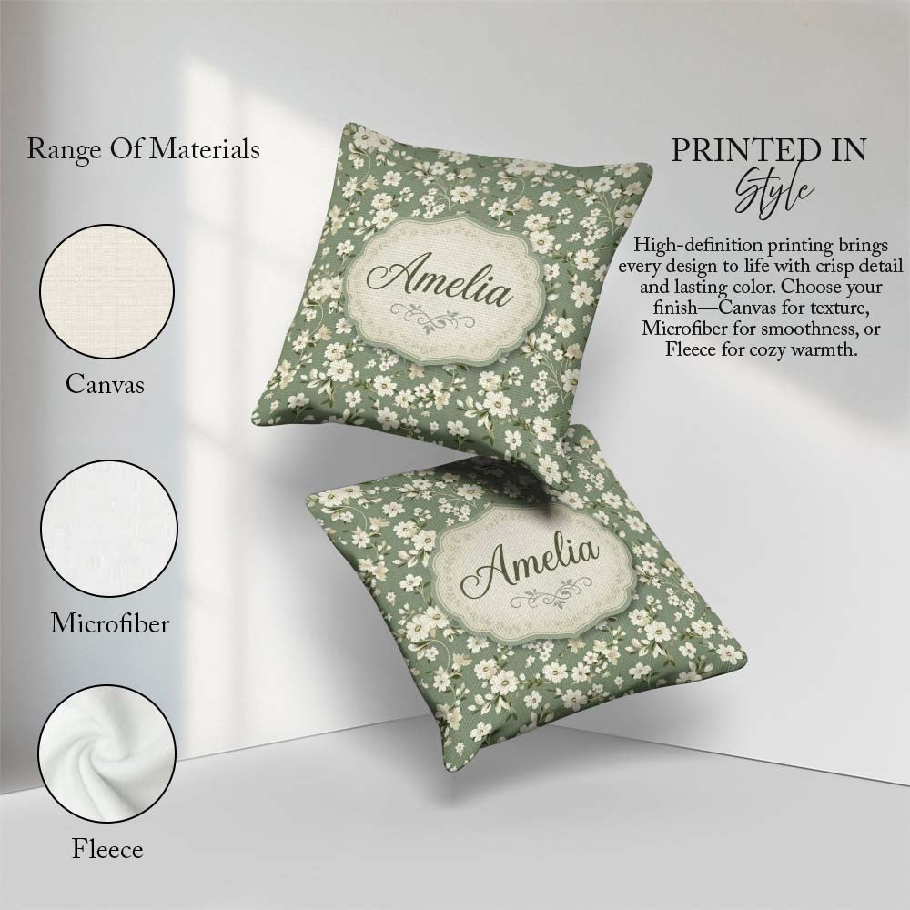 Custom Name Elegant White Floral Blossoms on Sage Green Seamless Square Filled Cushion Throw Pillow Sofa Bed Home Decor Zip Washable UK Made