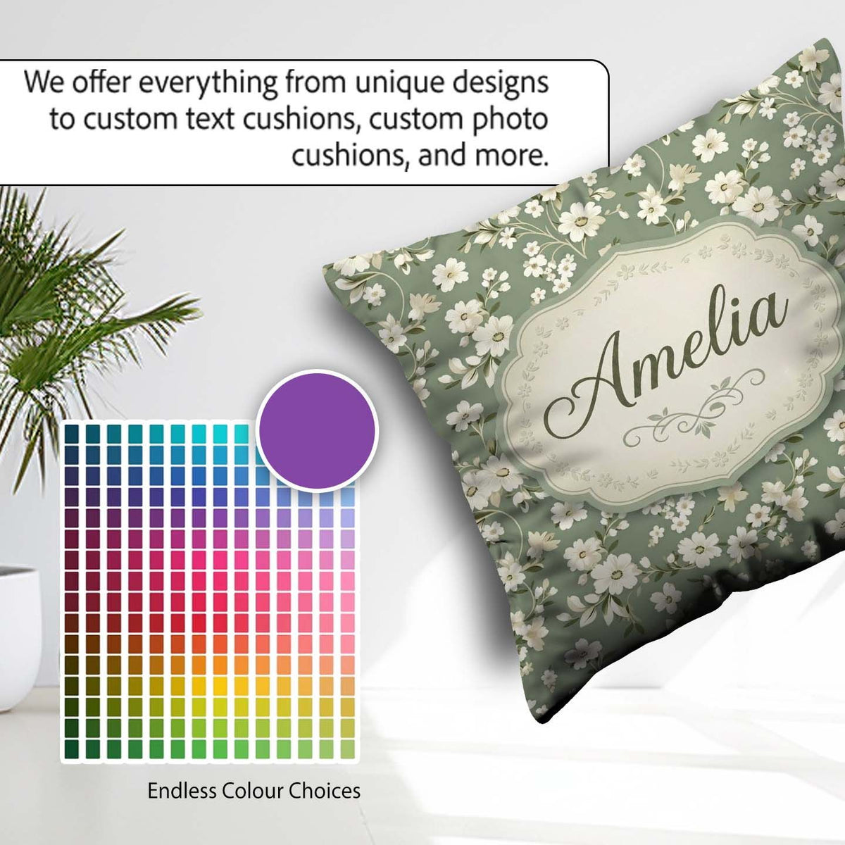 Custom Name Elegant White Floral Blossoms on Sage Green Seamless Square Filled Cushion Throw Pillow Sofa Bed Home Decor Zip Washable UK Made
