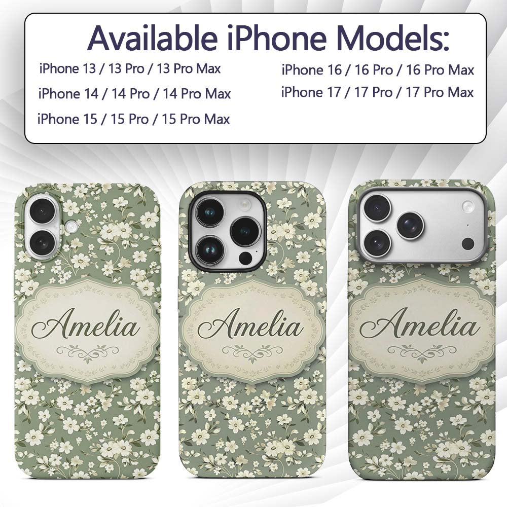 Elegant White Floral Blossoms on Printed Design Custom Name Protective Phone Case Mobile Cover Durable Everyday Smartphone Shock Resistant