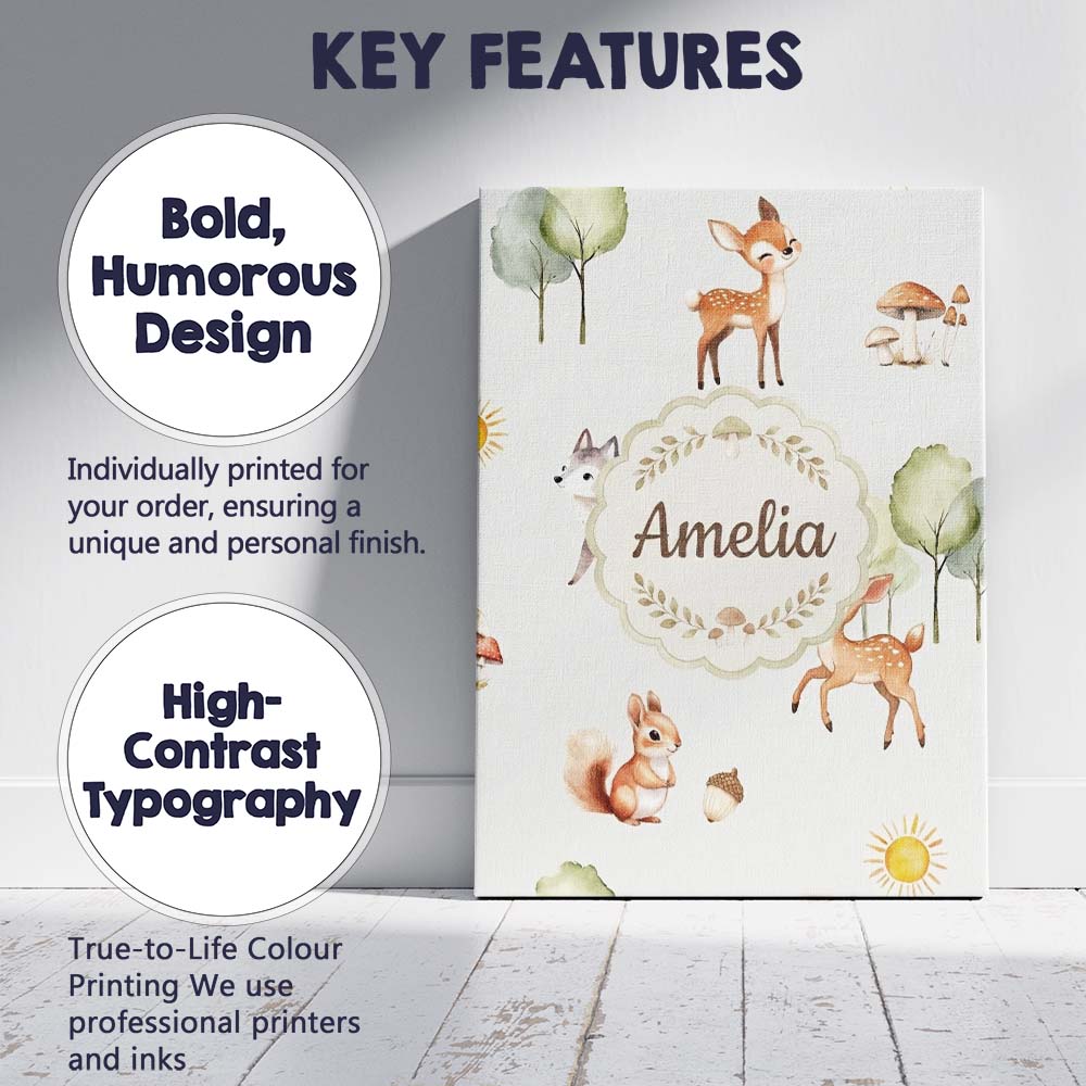 Personalised Name Cute Woodland Deer Fox Custom Unique Gift Idea Elegant Feature Canvas Wall Art Print Decor Picture Ready to Hang