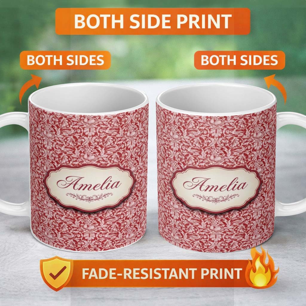 Personalized Custom Name Vintage Red Toile Floral Birds and Fruit Seamless Pattern Classic 11oz Ceramic Coffee Tea Mug White Large Handle