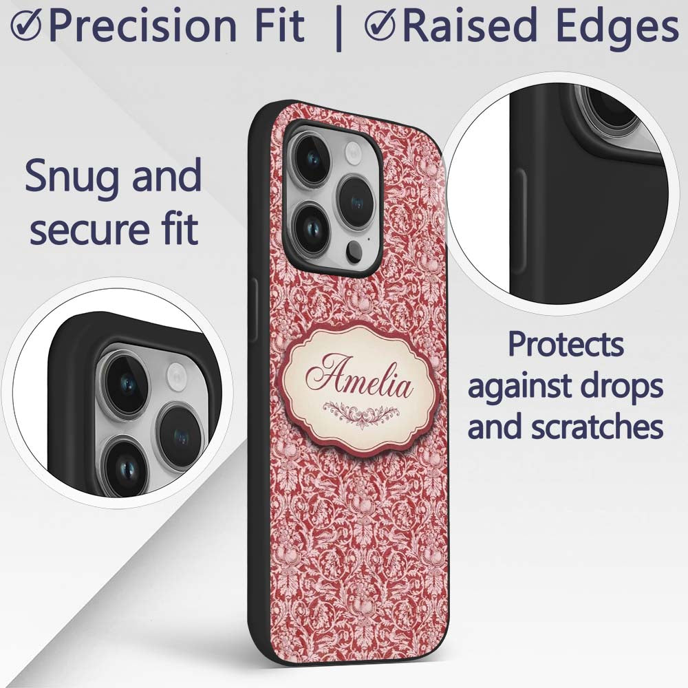 Vintage Red Toile Floral Birds and Fruit Seamless Custom Name Protective Phone Case Mobile Cover Durable Everyday Smartphone Shock Resistant