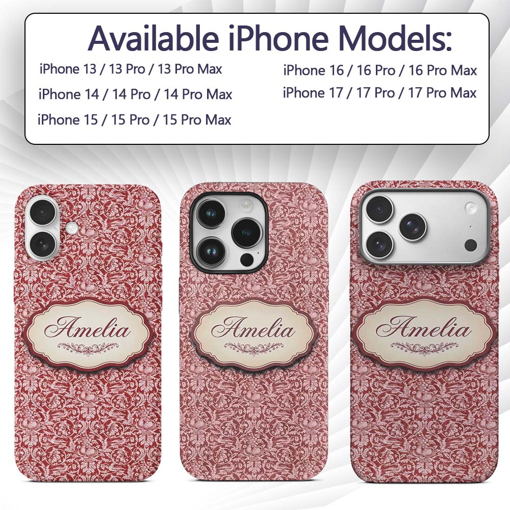 Vintage Red Toile Floral Birds and Fruit Seamless Custom Name Protective Phone Case Mobile Cover Durable Everyday Smartphone Shock Resistant
