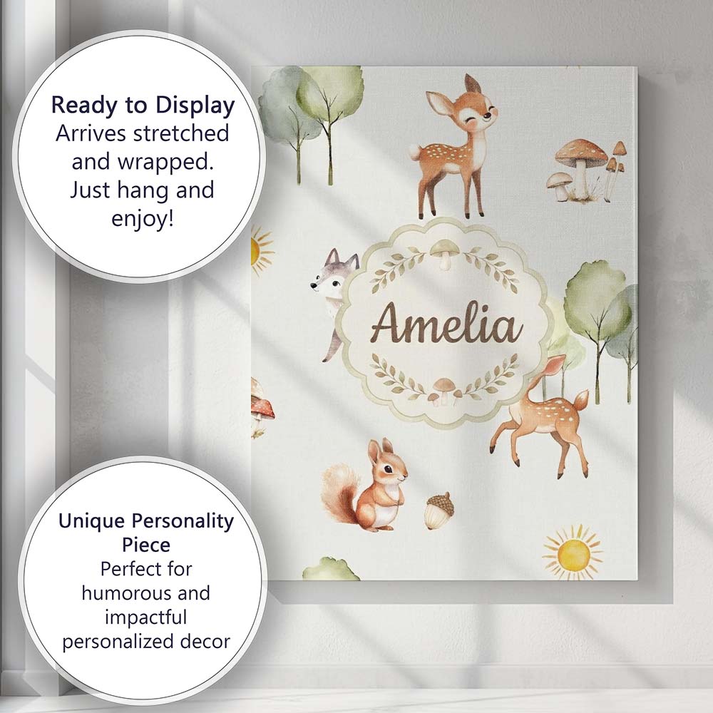 Personalised Name Cute Woodland Deer Fox Custom Unique Gift Idea Elegant Feature Canvas Wall Art Print Decor Picture Ready to Hang