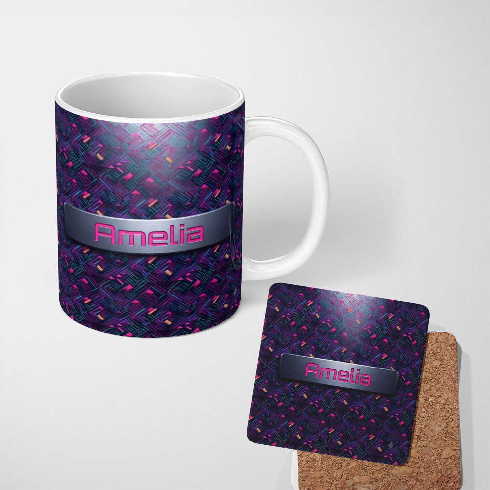Personalized Custom Name Neon Geometric Lines Abstract Pattern Dark Background Futuristic 11oz Ceramic Coffee Tea Mug White Large Handle