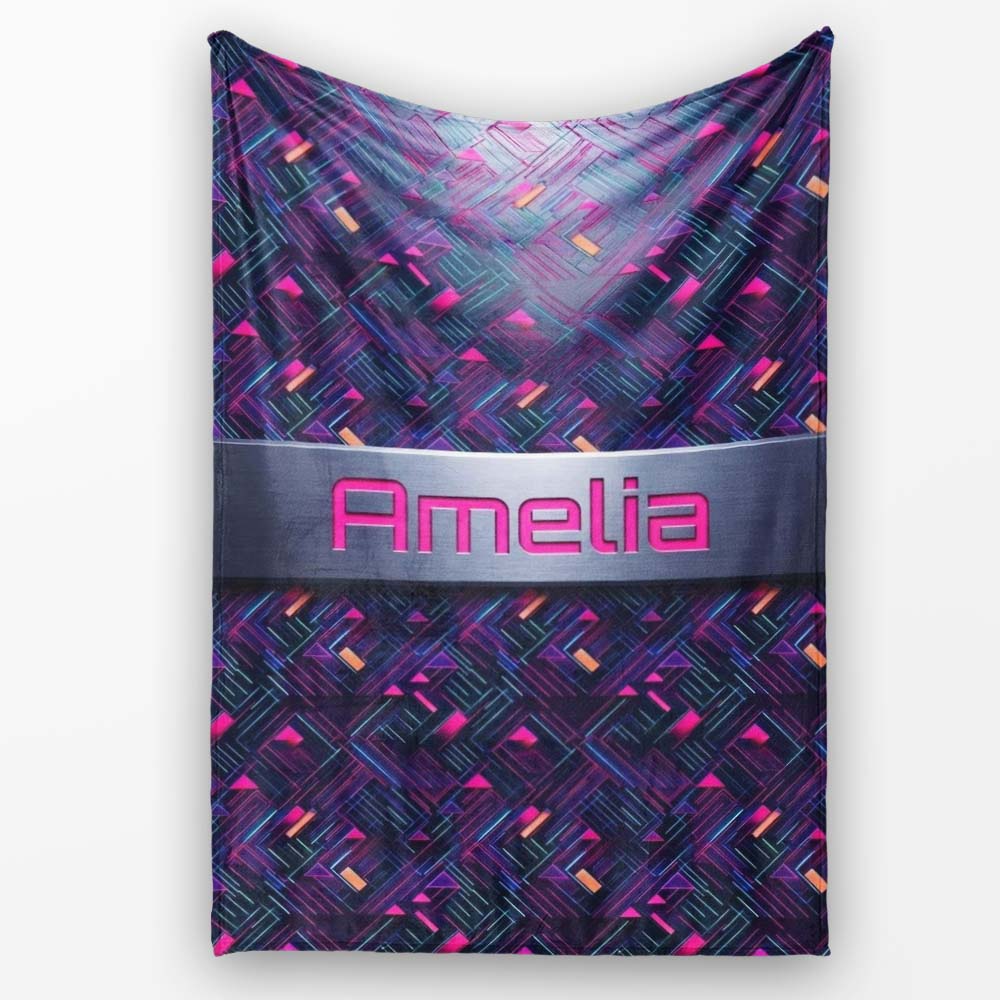 Neon Geometric Lines Abstract Pattern Dark Background Futuristic Personalised Custom Name Super Soft Fleece Blanket Bed Sofa Throw