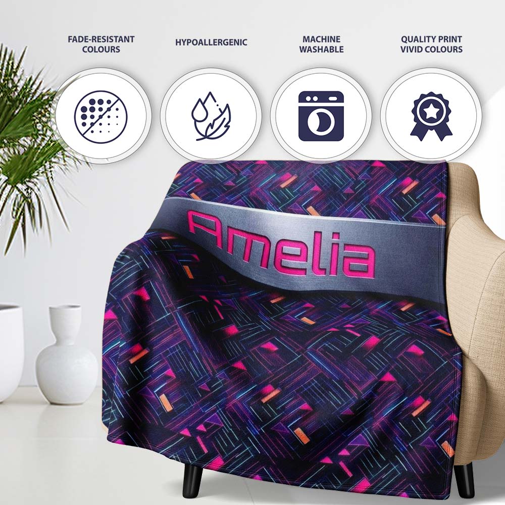 Neon Geometric Lines Abstract Pattern Dark Background Futuristic Personalised Custom Name Super Soft Fleece Blanket Bed Sofa Throw