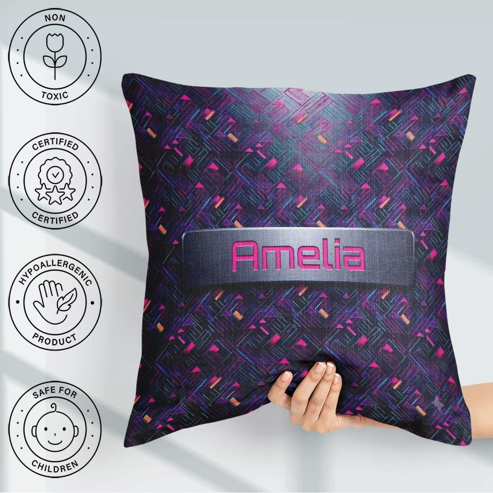 Custom Name Neon Geometric Lines Abstract Background Futuristic Square Filled Cushion Throw Pillow Sofa Bed Home Decor Zip Washable UK Made