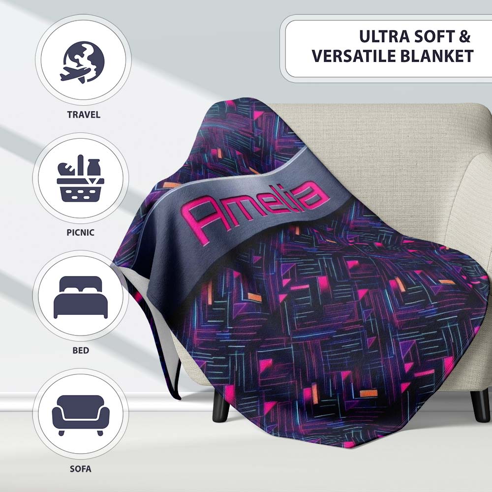 Neon Geometric Lines Abstract Pattern Dark Background Futuristic Personalised Custom Name Super Soft Fleece Blanket Bed Sofa Throw