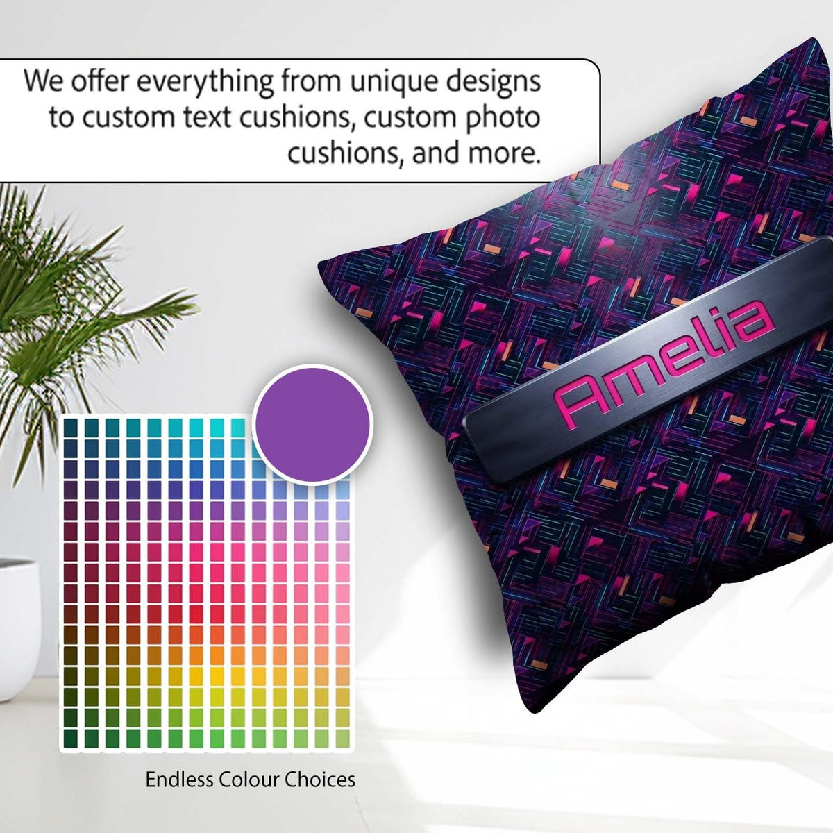 Custom Name Neon Geometric Lines Abstract Background Futuristic Square Filled Cushion Throw Pillow Sofa Bed Home Decor Zip Washable UK Made