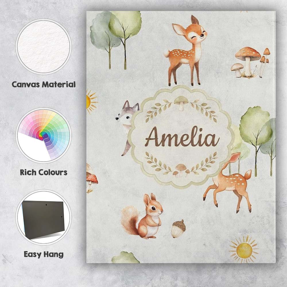 Personalised Name Cute Woodland Deer Fox Custom Unique Gift Idea Elegant Feature Canvas Wall Art Print Decor Picture Ready to Hang