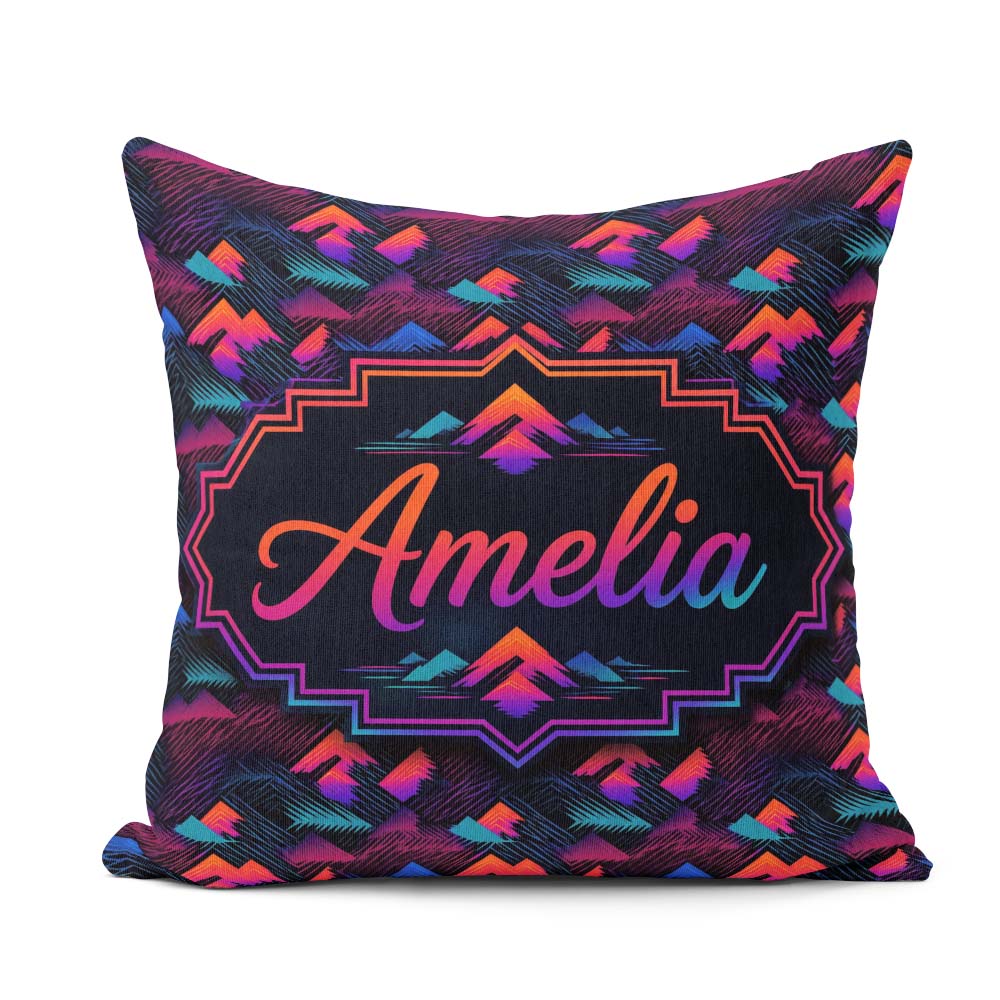 Custom Name Retro Neon Mountain Shapes Seamless Pattern Abstract Square Filled Cushion Throw Pillow Sofa Bed Home Decor Zip Washable UK Made