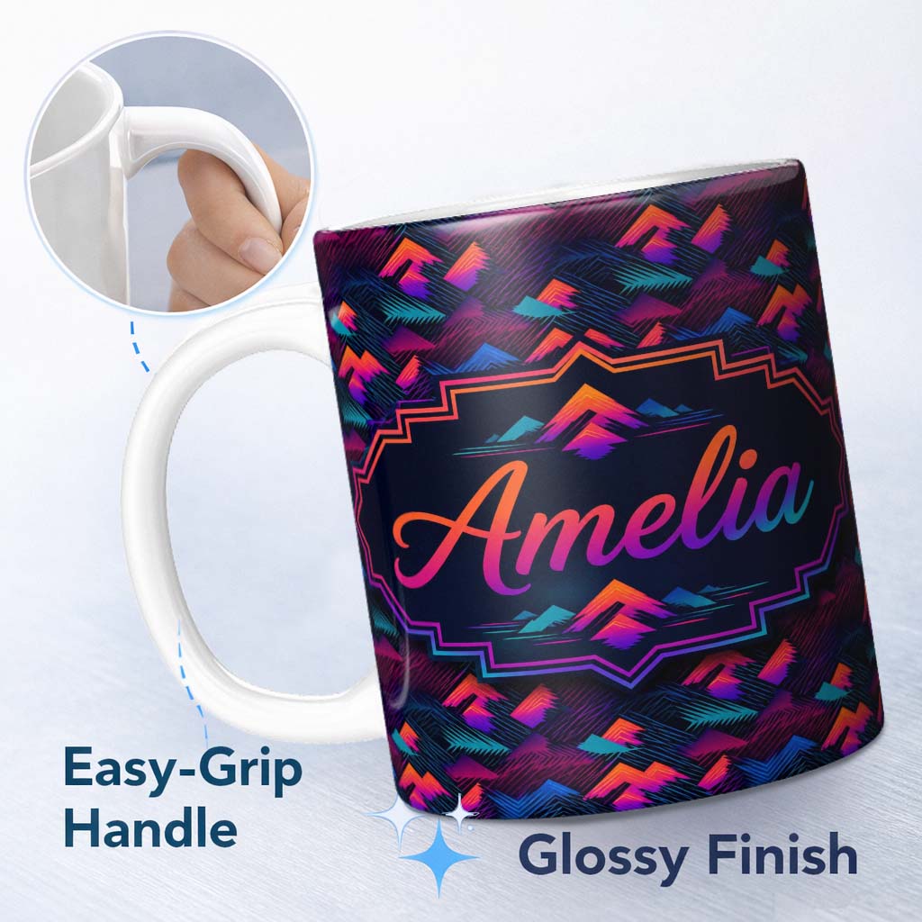 Personalized Custom Name Retro Neon Mountain Shapes Seamless Pattern Vibrant Abstract 11oz Ceramic Coffee Tea Mug White Large Handle