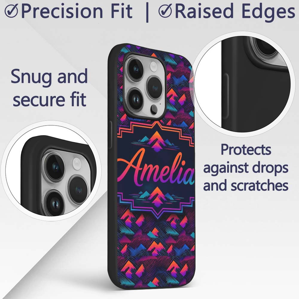 Retro Neon Mountain Shapes Decorative Design Custom Name Protective Phone Case Mobile Cover Durable Everyday Smartphone Shock Resistant