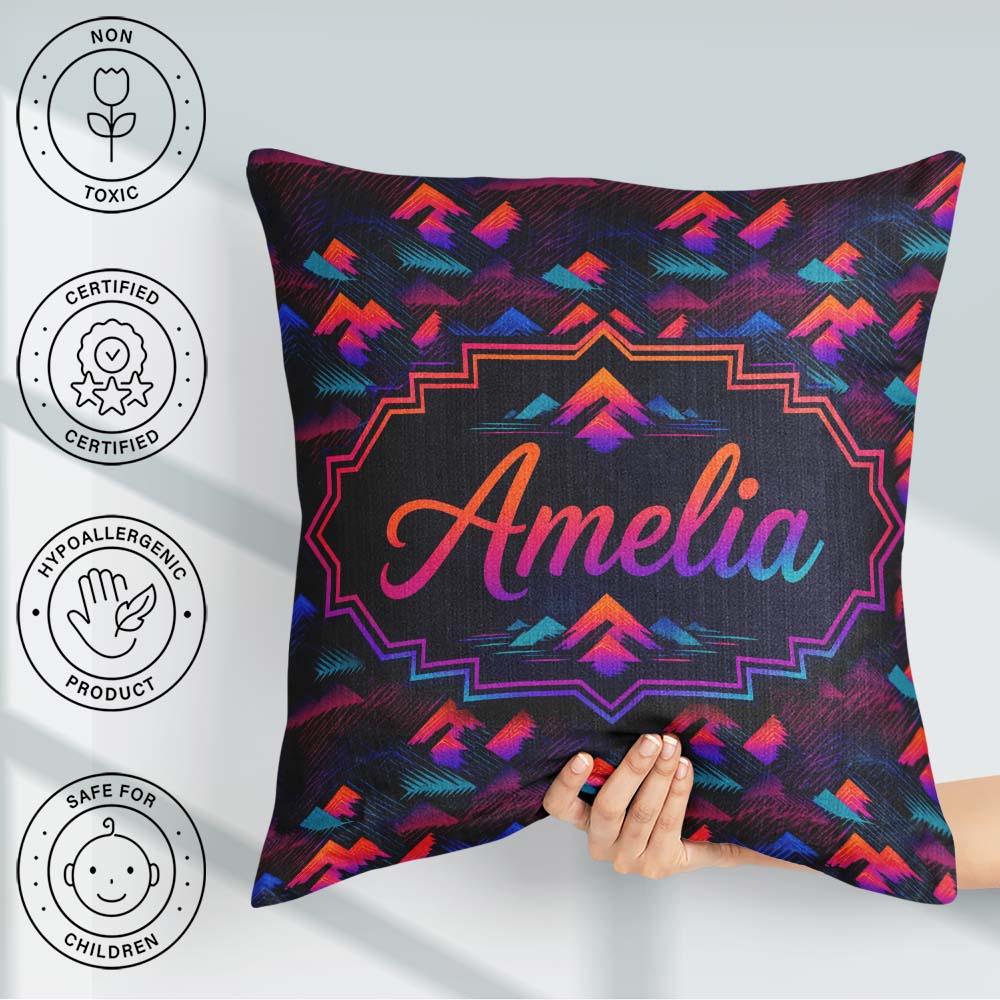 Custom Name Retro Neon Mountain Shapes Seamless Pattern Abstract Square Filled Cushion Throw Pillow Sofa Bed Home Decor Zip Washable UK Made