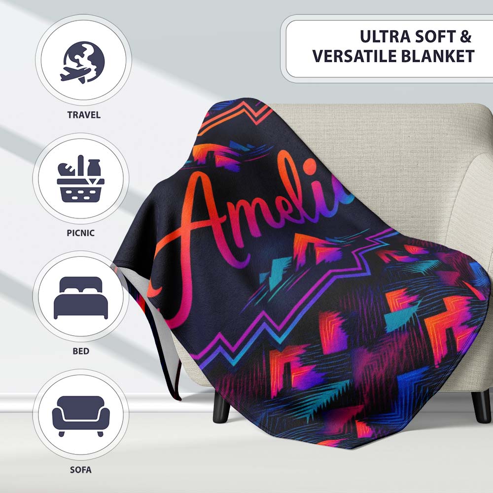 Retro Neon Mountain Shapes Seamless Pattern Vibrant Abstract Personalised Custom Name Super Soft Fleece Blanket Bed Sofa Throw